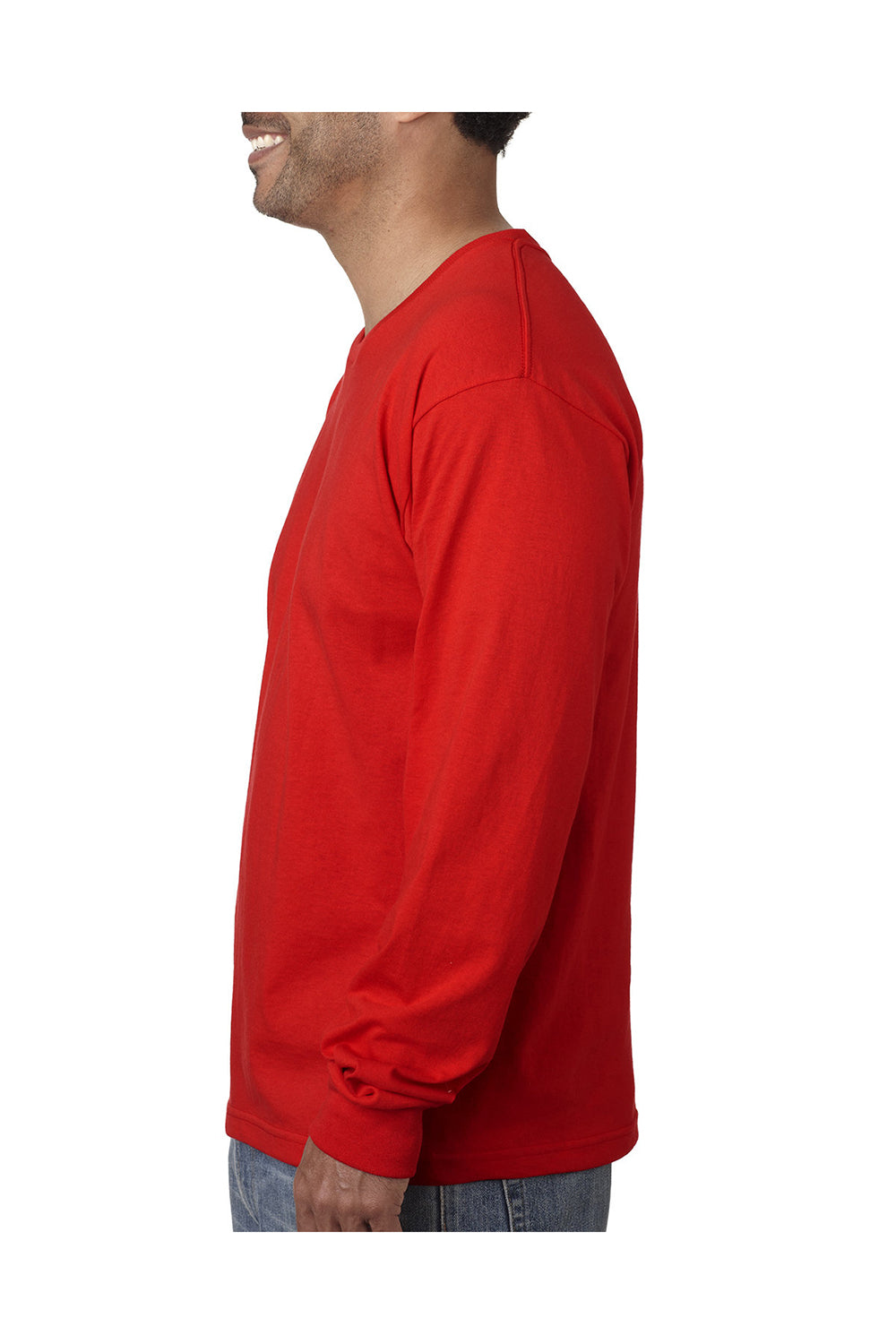 Bayside BA5060 Mens USA Made Long Sleeve Crewneck T-Shirt Red Model Side