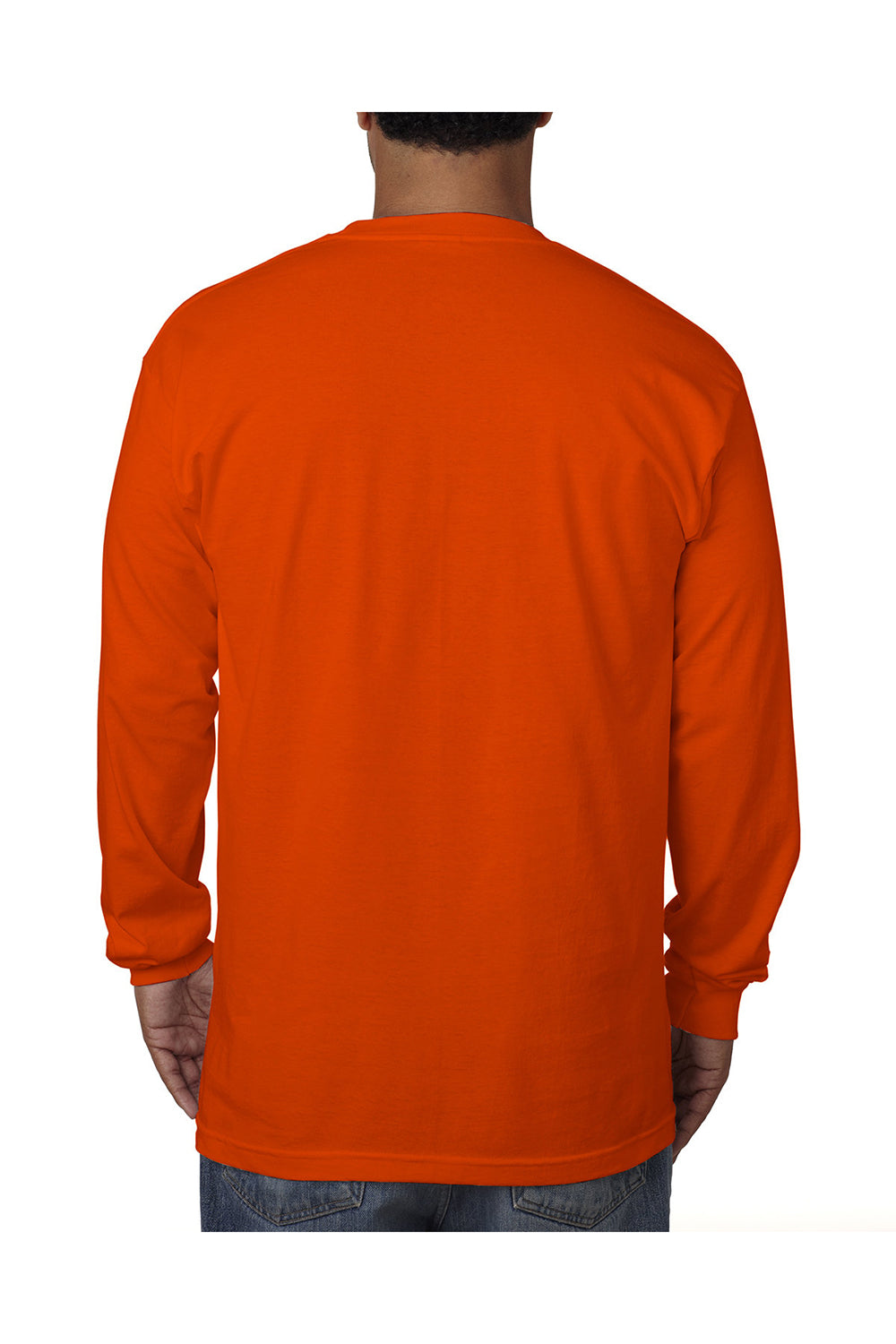 Bayside BA5060 Mens USA Made Long Sleeve Crewneck T-Shirt Bright Orange Model Back