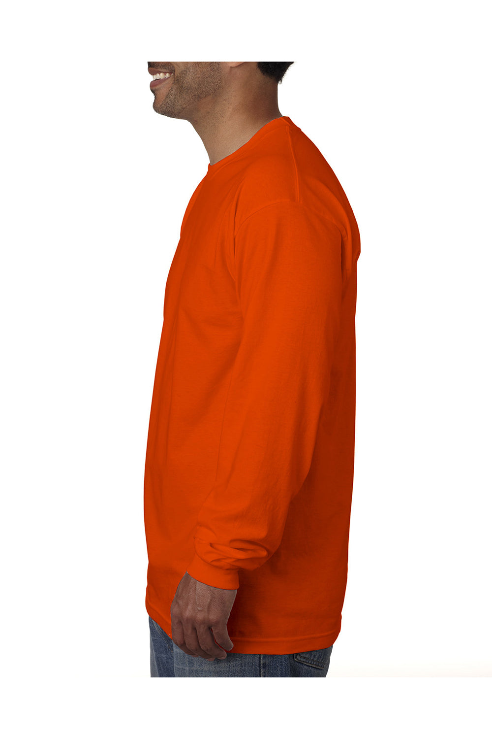 Bayside BA5060 Mens USA Made Long Sleeve Crewneck T-Shirt Bright Orange Model Side