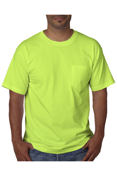 Bayside 5070 Mens USA Made Short Sleeve Crewneck T-Shirt w/ Pocket Lime Green Model Front