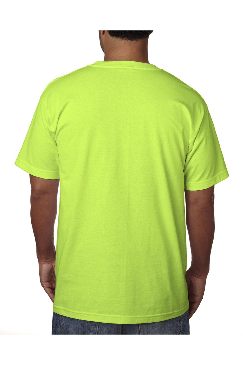 Bayside 5070 Mens USA Made Short Sleeve Crewneck T-Shirt w/ Pocket Lime Green Model Back