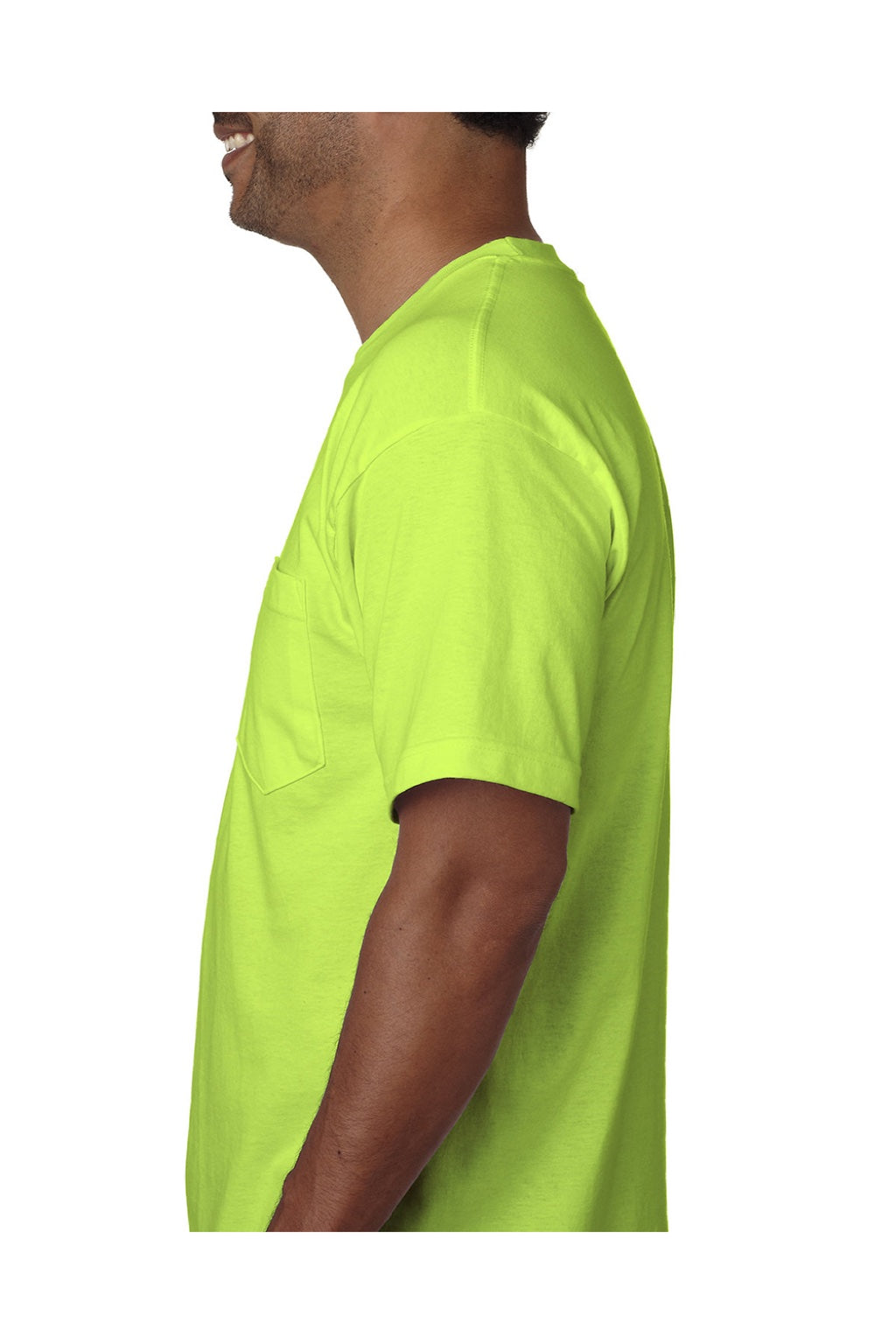 Bayside 5070 Mens USA Made Short Sleeve Crewneck T-Shirt w/ Pocket Lime Green Model Side
