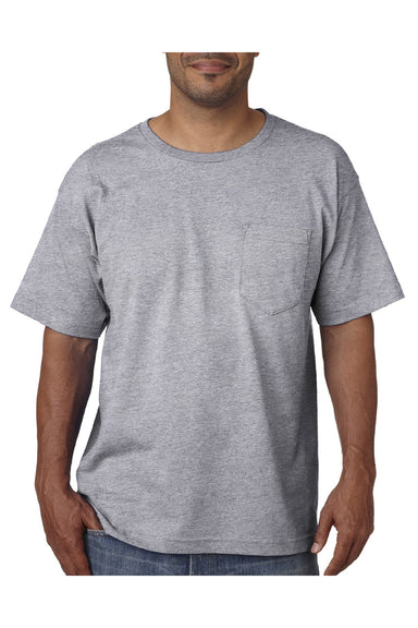 Bayside 5070 Mens USA Made Short Sleeve Crewneck T-Shirt w/ Pocket Dark Ash Grey Model Front