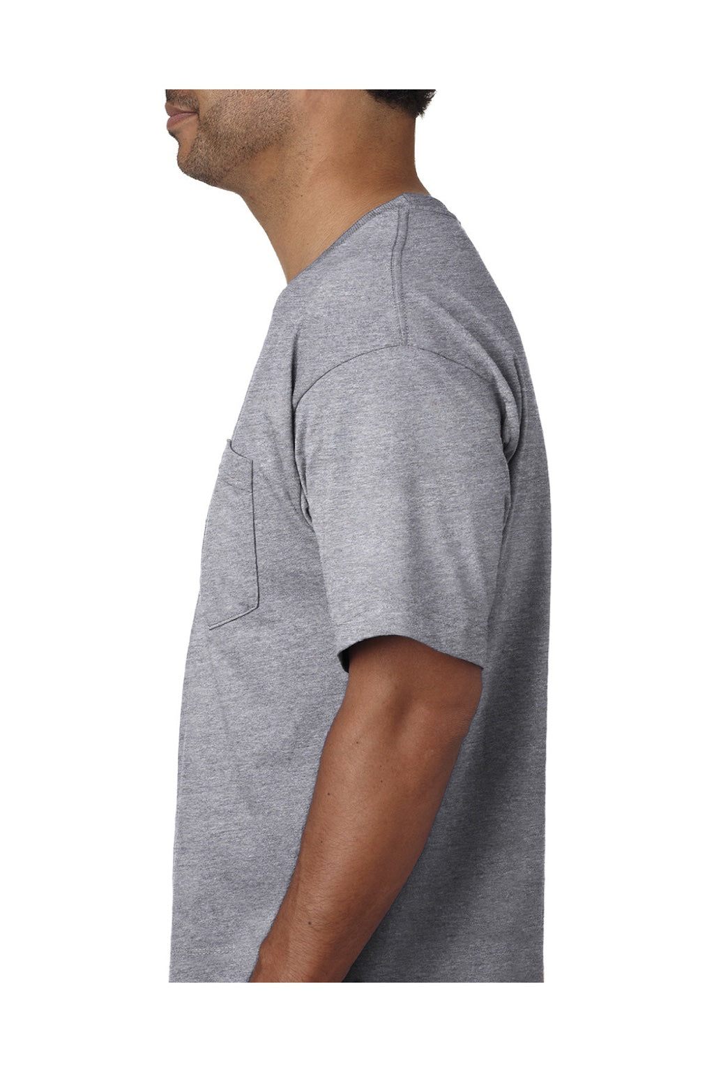 Bayside 5070 Mens USA Made Short Sleeve Crewneck T-Shirt w/ Pocket Dark Ash Grey Model Side
