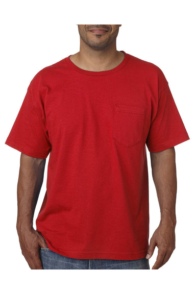 Bayside BA5070 Mens USA Made Short Sleeve Crewneck T-Shirt w/ Pocket Red Model Front
