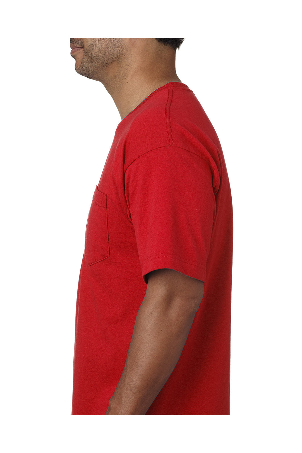 Bayside BA5070 Mens USA Made Short Sleeve Crewneck T-Shirt w/ Pocket Red Model Side