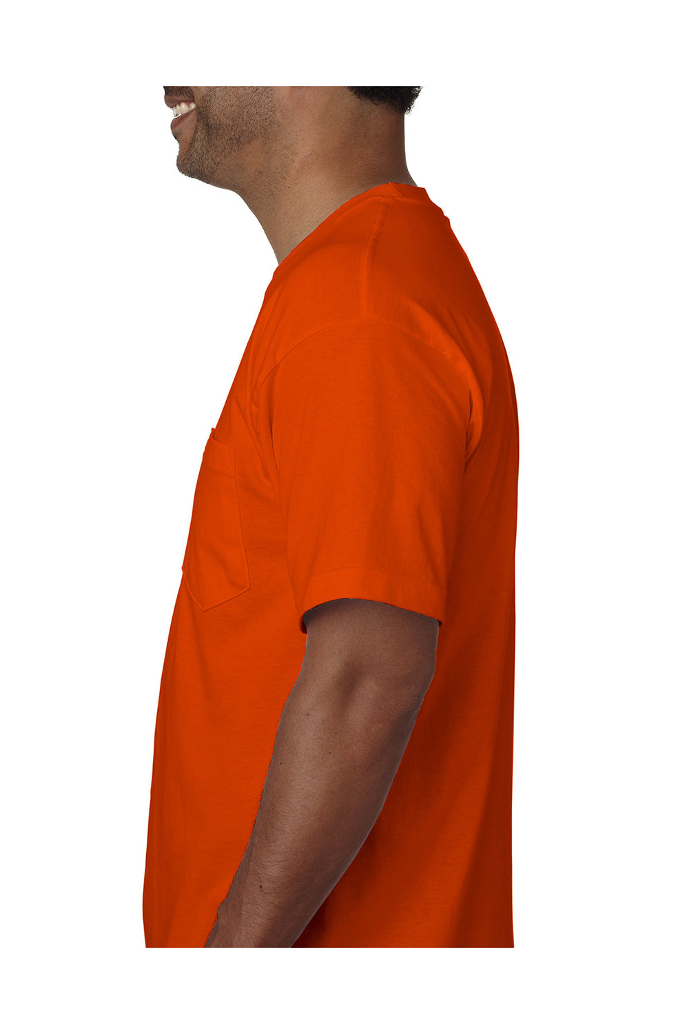 Bayside BA5070 Mens USA Made Short Sleeve Crewneck T-Shirt w/ Pocket Bright Orange Model Side