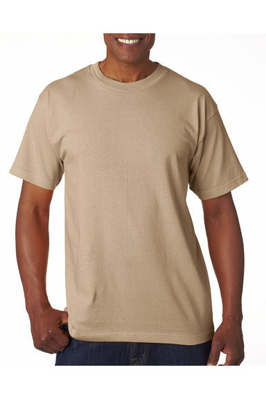 Bayside BA5100 Mens USA Made Short Sleeve Crewneck T-Shirt Sand Model Front