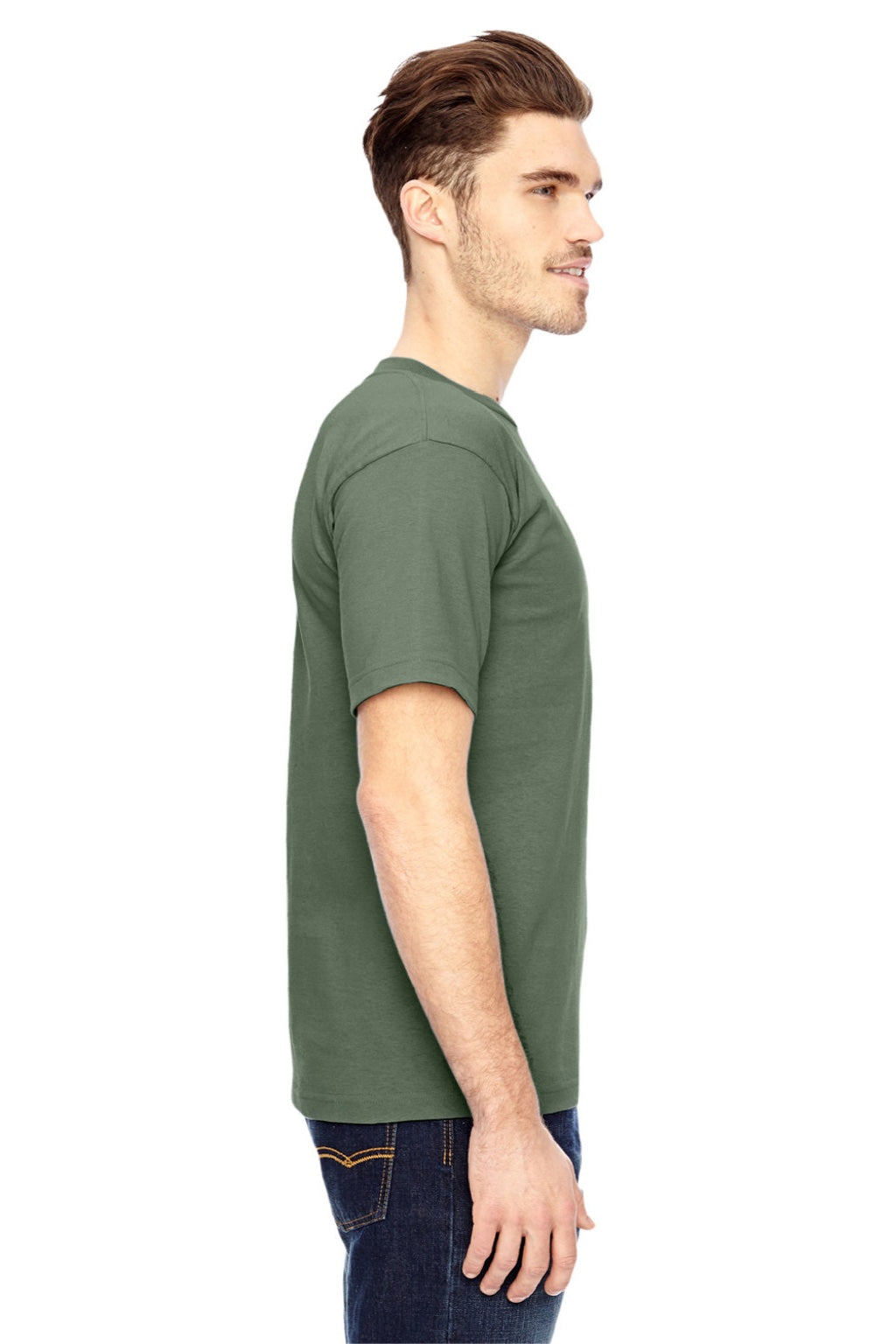 Bayside BA5100 Mens USA Made Short Sleeve Crewneck T-Shirt Army Green Model Side