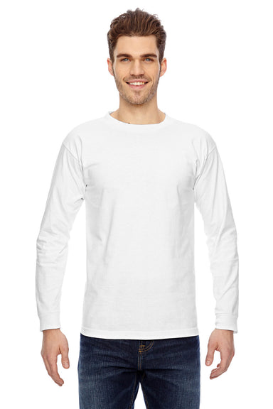 Bayside BA6100 Mens USA Made Long Sleeve Crewneck T-Shirt White Model Front