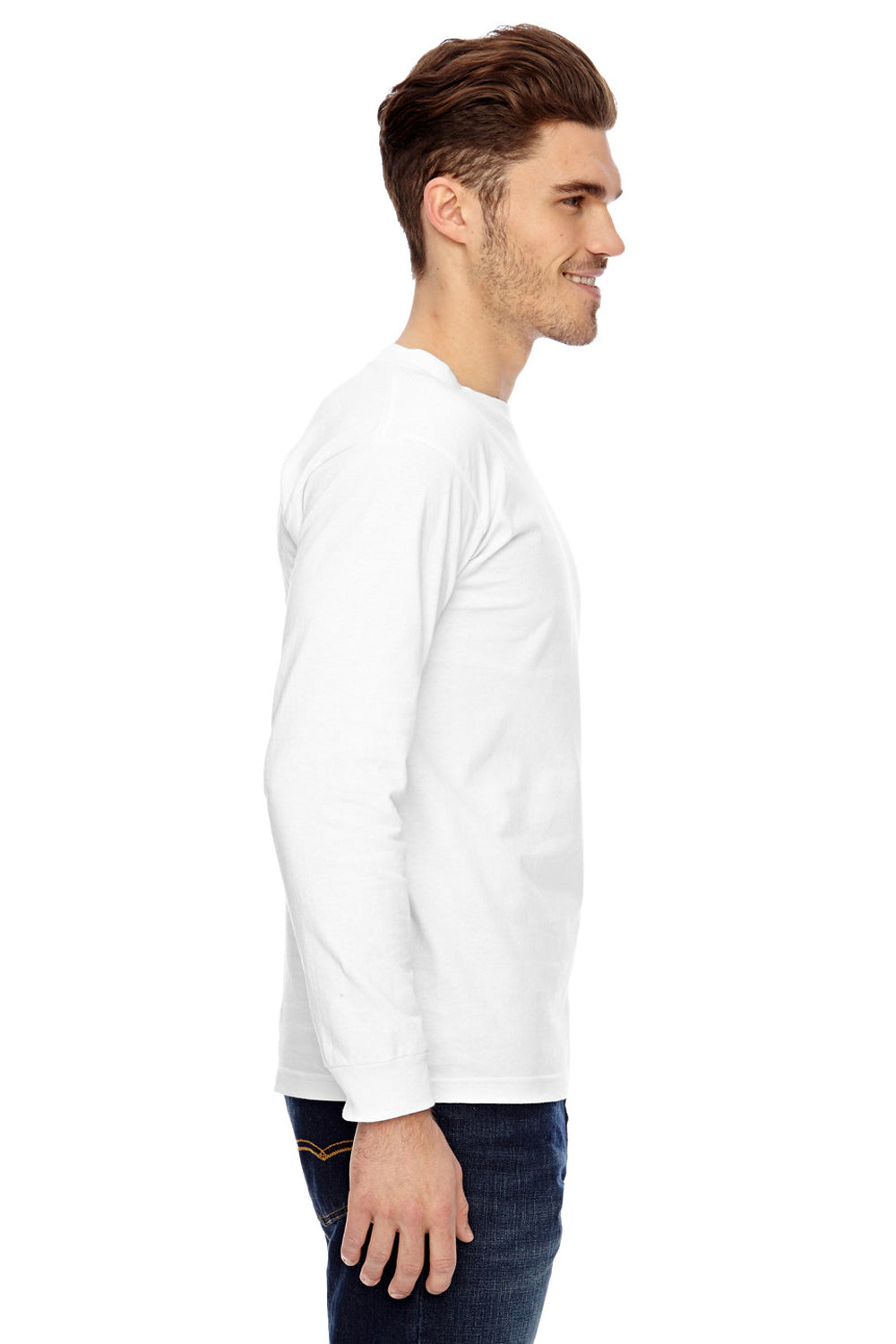 Bayside BA6100 Mens USA Made Long Sleeve Crewneck T-Shirt White Model Side