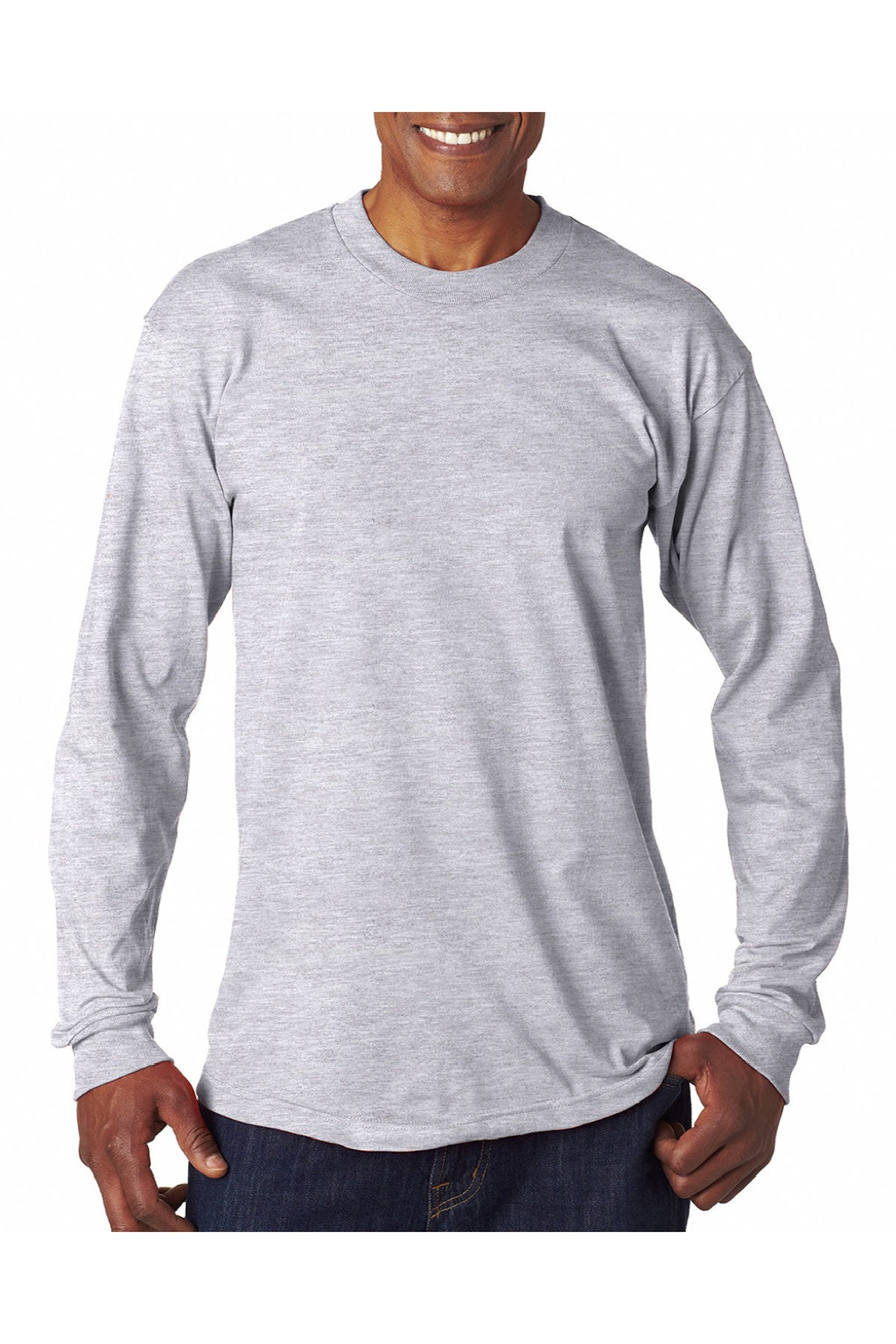 Bayside 6100 Mens USA Made Long Sleeve Crewneck T-Shirt Ash Grey Model Front