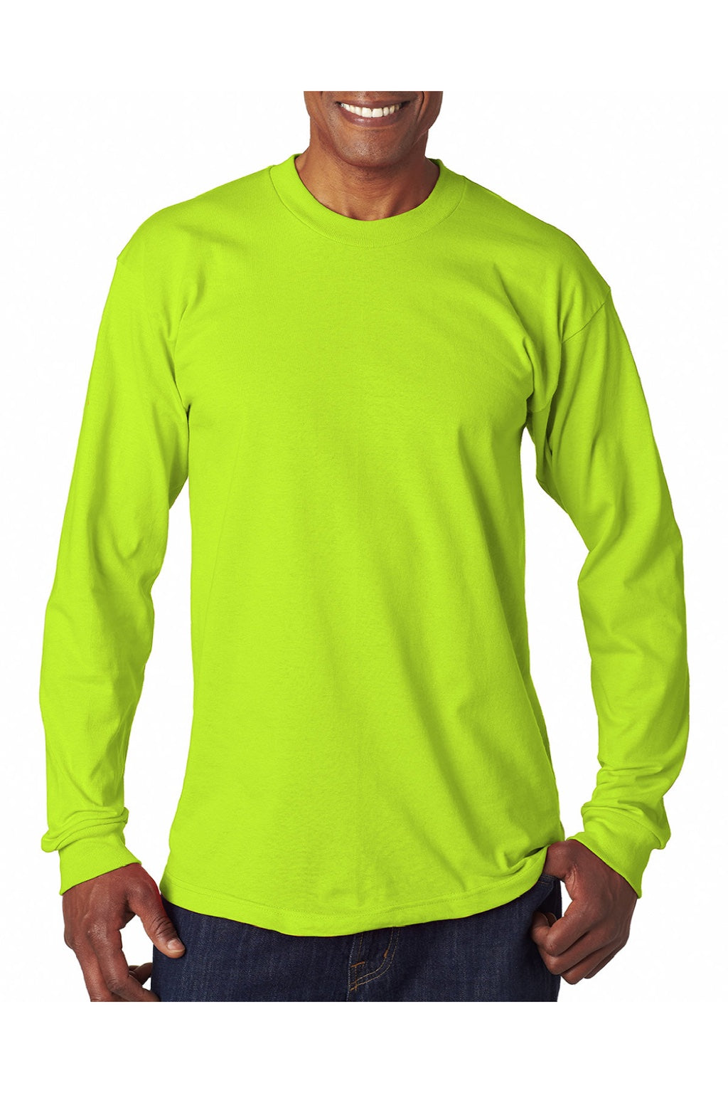 Bayside 6100 Mens USA Made Long Sleeve Crewneck T-Shirt Lime Green Model Front