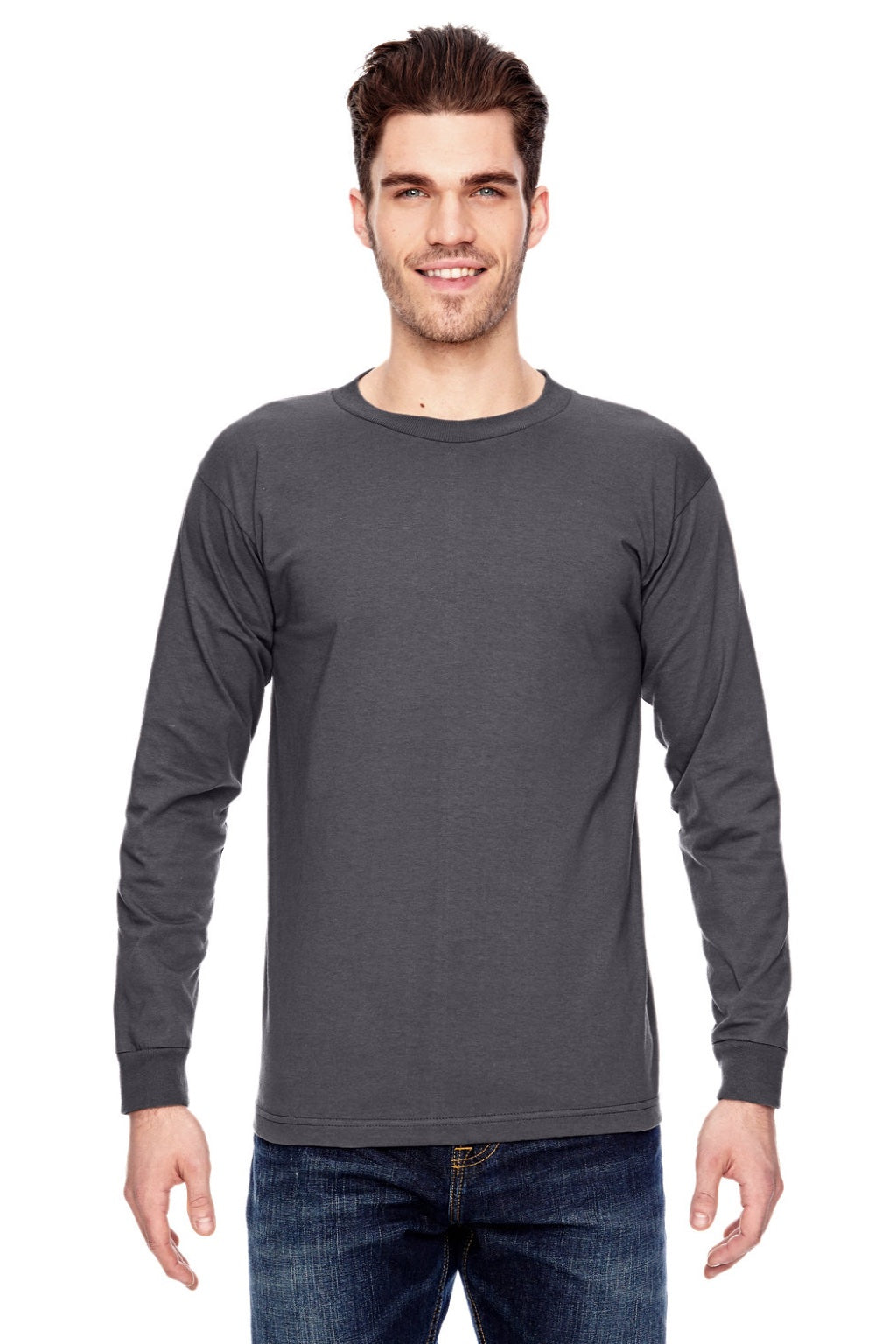 Bayside 6100 Mens USA Made Long Sleeve Crewneck T-Shirt Charcoal Grey Model Front