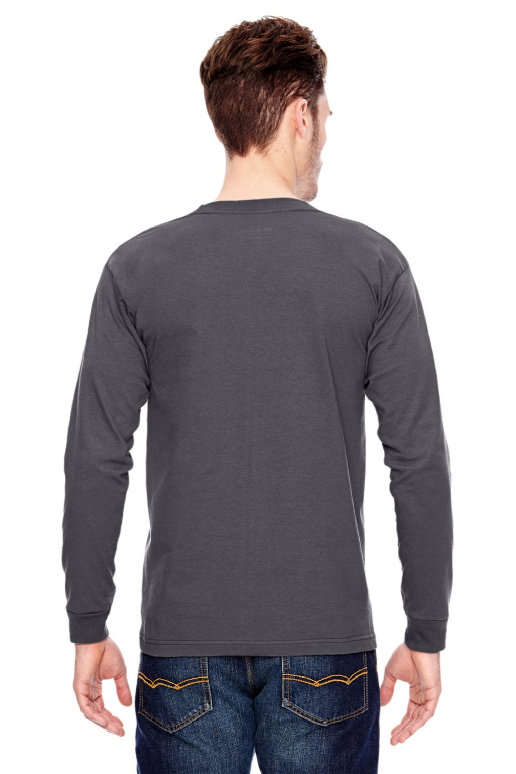 Bayside 6100 Mens USA Made Long Sleeve Crewneck T-Shirt Charcoal Grey Model Back