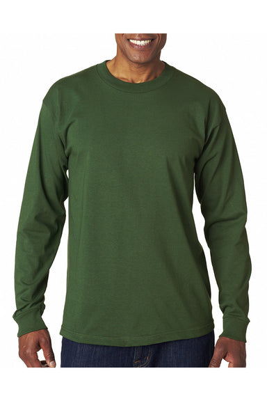 Bayside BA6100 Mens USA Made Long Sleeve Crewneck T-Shirt Forest Green Model Front