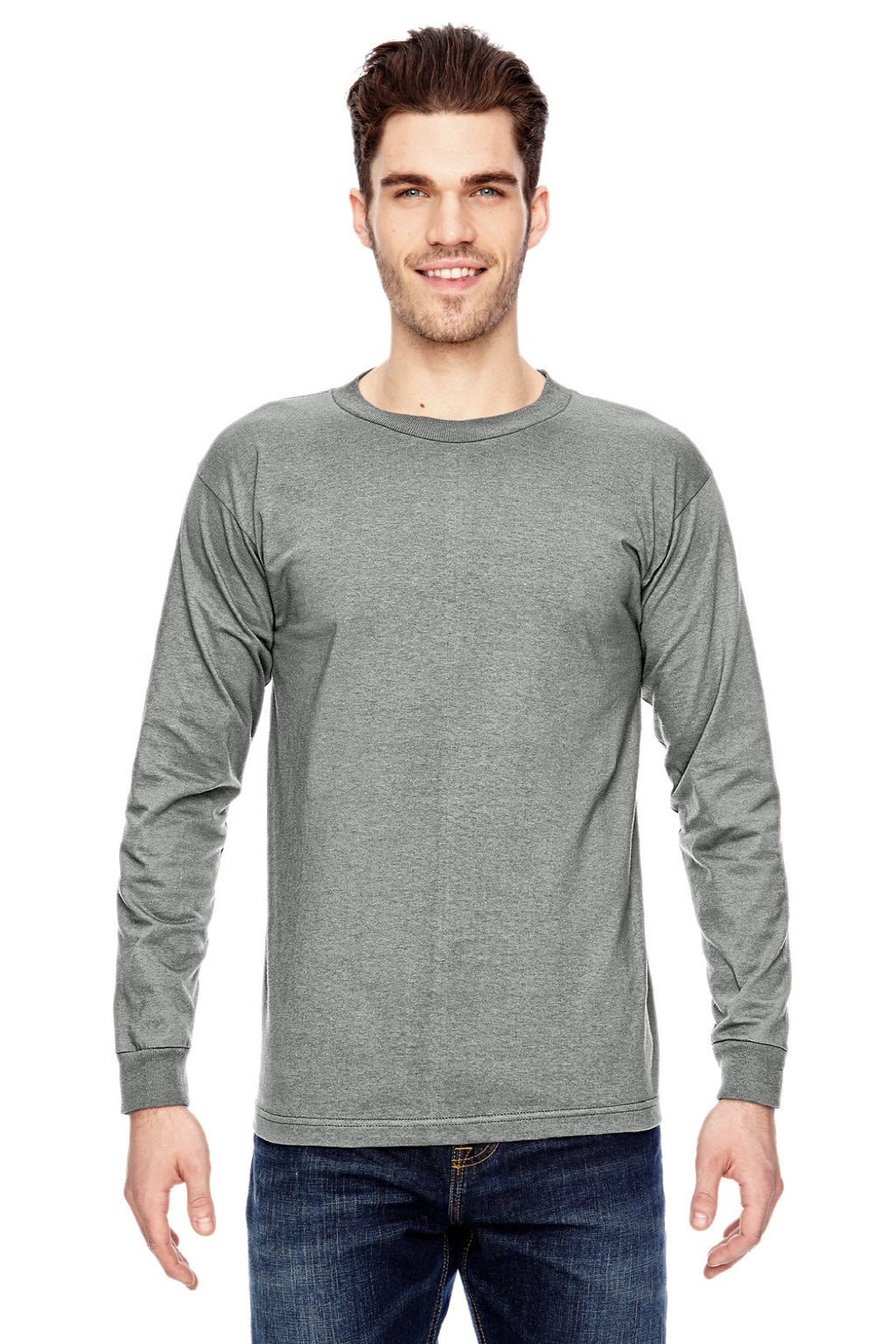 Bayside 6100 Mens USA Made Long Sleeve Crewneck T-Shirt Dark Ash Grey Model Front