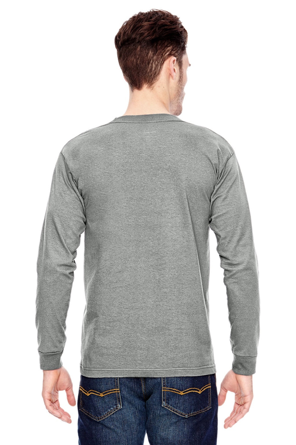 Bayside 6100 Mens USA Made Long Sleeve Crewneck T-Shirt Dark Ash Grey Model Back
