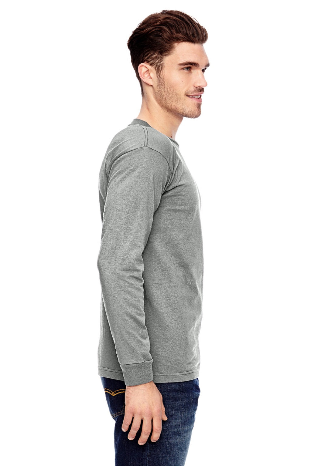 Bayside 6100 Mens USA Made Long Sleeve Crewneck T-Shirt Dark Ash Grey Model Side