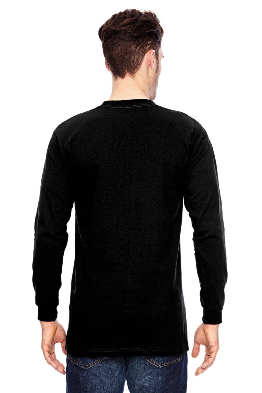 Bayside 6100 Mens USA Made Long Sleeve Crewneck T-Shirt Black Model Back