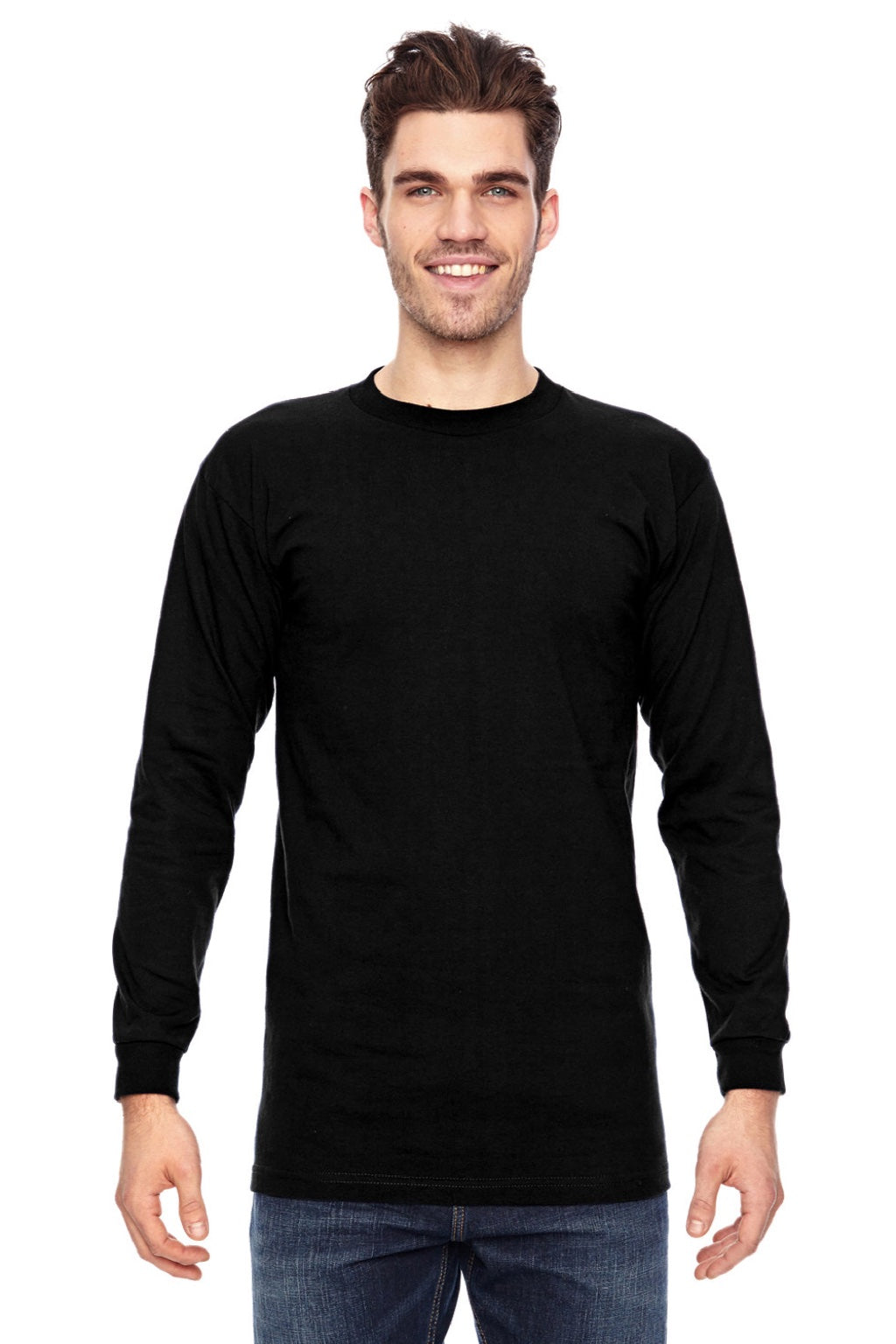 Bayside 6100 Mens USA Made Long Sleeve Crewneck T-Shirt Black Model Front