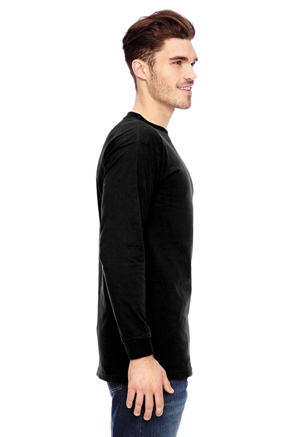 Bayside 6100 Mens USA Made Long Sleeve Crewneck T-Shirt Black Model Side