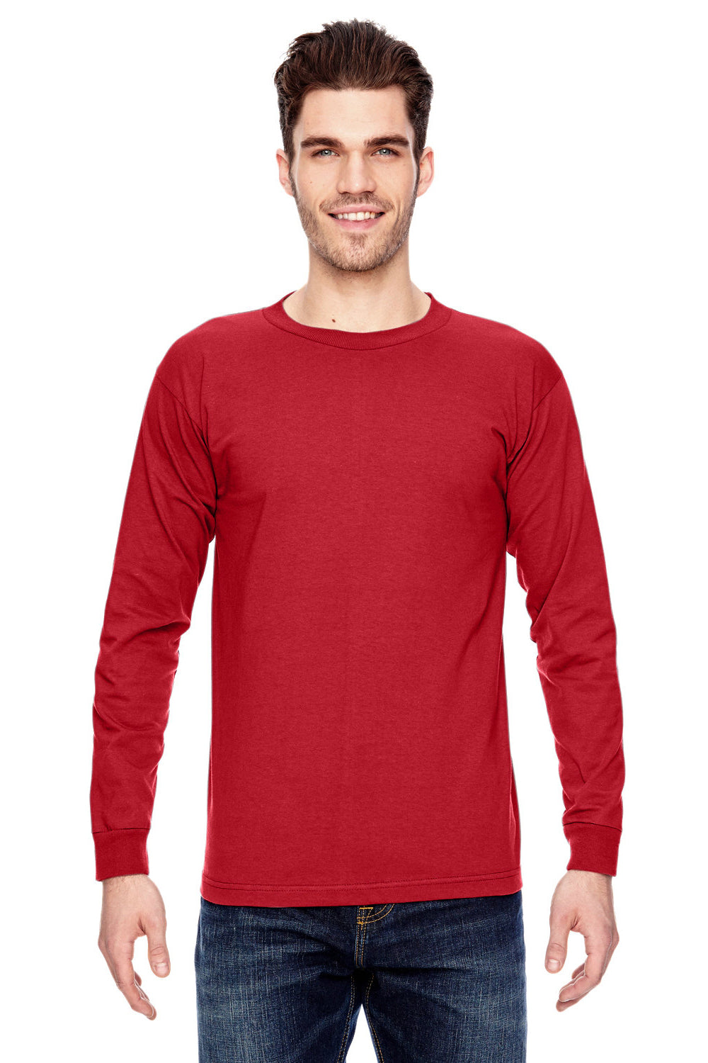 Bayside BA6100 Mens USA Made Long Sleeve Crewneck T-Shirt Red Model Front