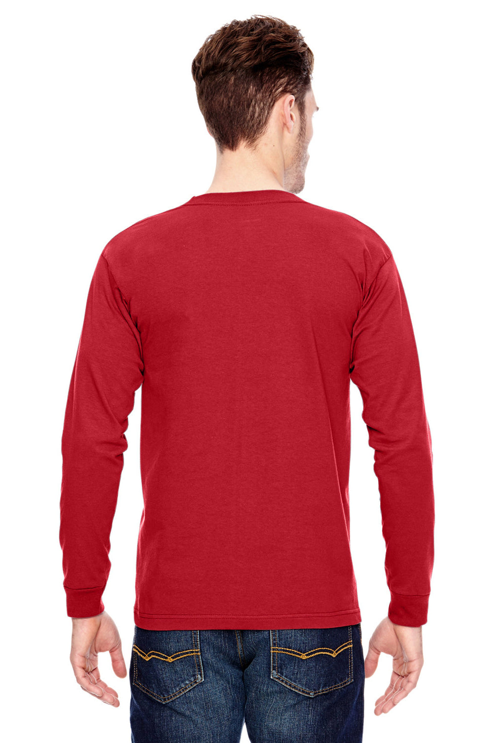Bayside BA6100 Mens USA Made Long Sleeve Crewneck T-Shirt Red Model Back