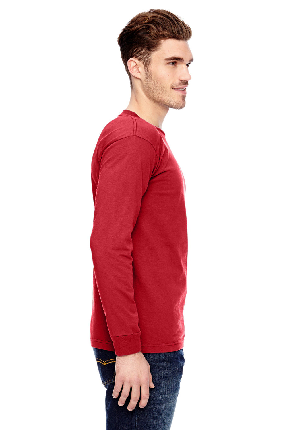 Bayside BA6100 Mens USA Made Long Sleeve Crewneck T-Shirt Red Model Side