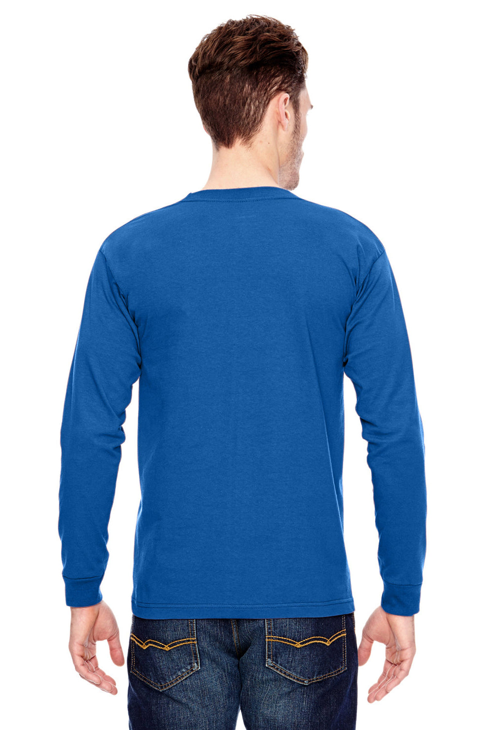 Bayside BA6100 Mens USA Made Long Sleeve Crewneck T-Shirt Royal Blue Model Back