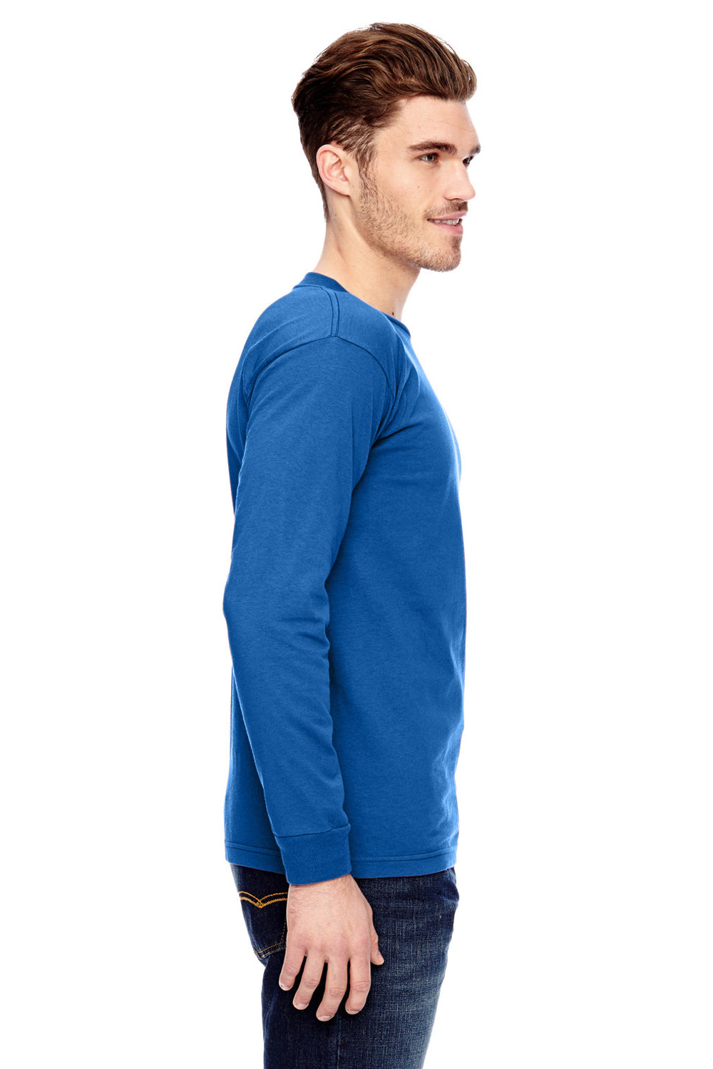 Bayside BA6100 Mens USA Made Long Sleeve Crewneck T-Shirt Royal Blue Model Side