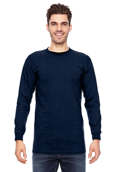 Bayside BA6100 Mens USA Made Long Sleeve Crewneck T-Shirt Navy Blue Model Front