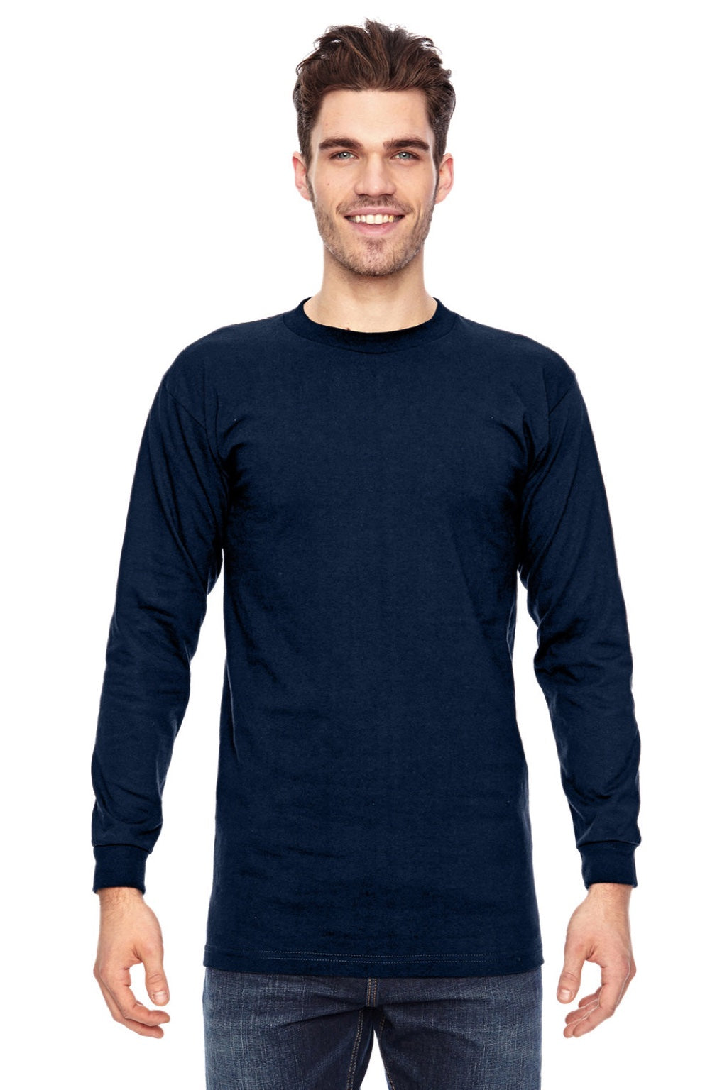 Bayside 6100 Mens USA Made Long Sleeve Crewneck T-Shirt Navy Blue Model Front