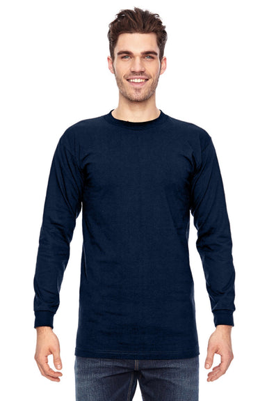 Bayside 6100 Mens USA Made Long Sleeve Crewneck T-Shirt Navy Blue Model Front