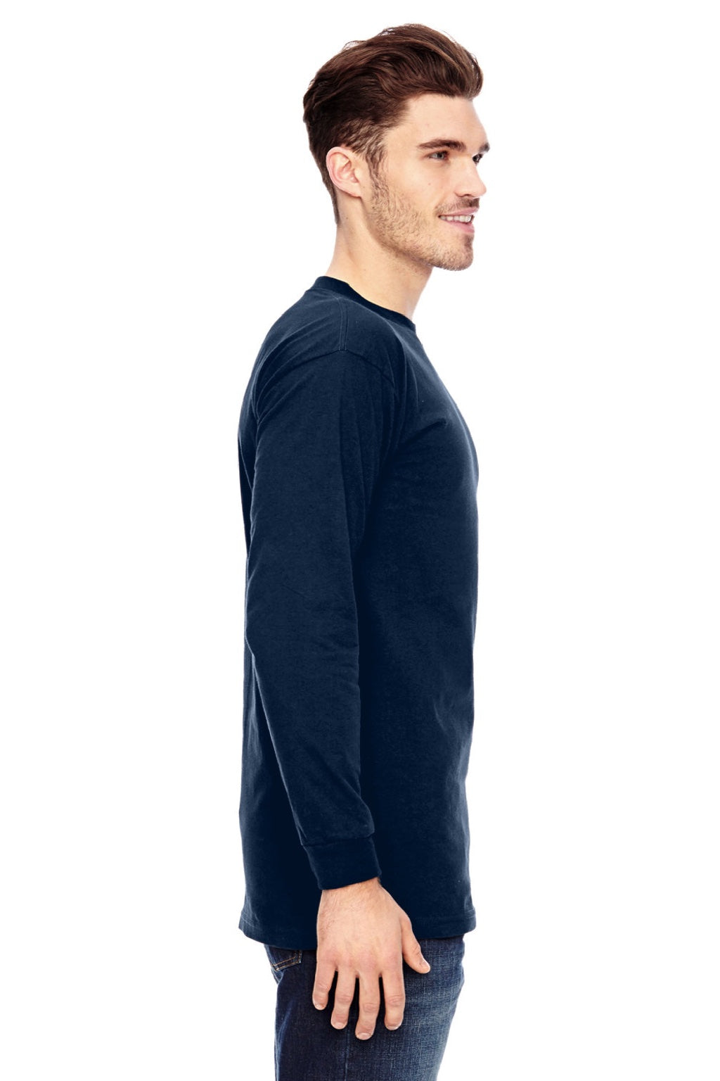 Bayside 6100 Mens USA Made Long Sleeve Crewneck T-Shirt Navy Blue Model Side