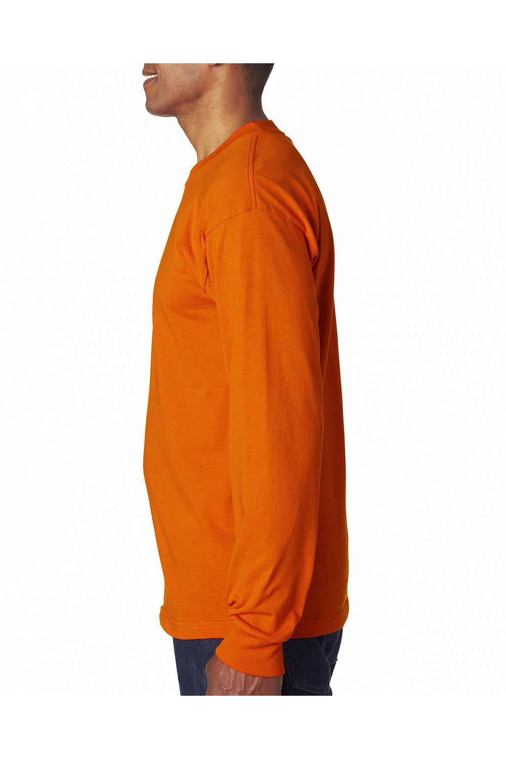 Bayside BA6100 Mens USA Made Long Sleeve Crewneck T-Shirt Bright Orange Model Side