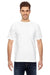 Bayside 7100 Mens USA Made Short Sleeve Crewneck T-Shirt w/ Pocket White Model Front
