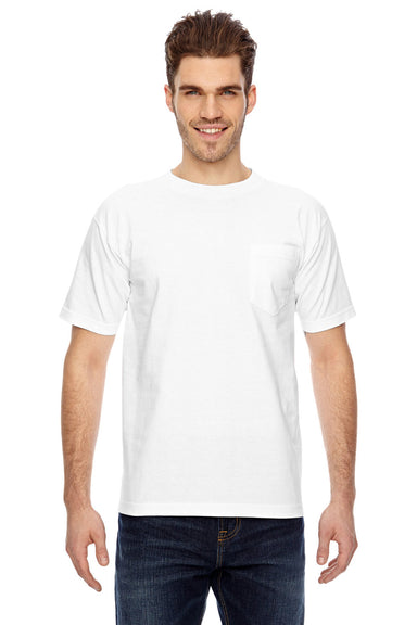 Bayside BA7100 Mens USA Made Short Sleeve Crewneck T-Shirt w/ Pocket White Model Front