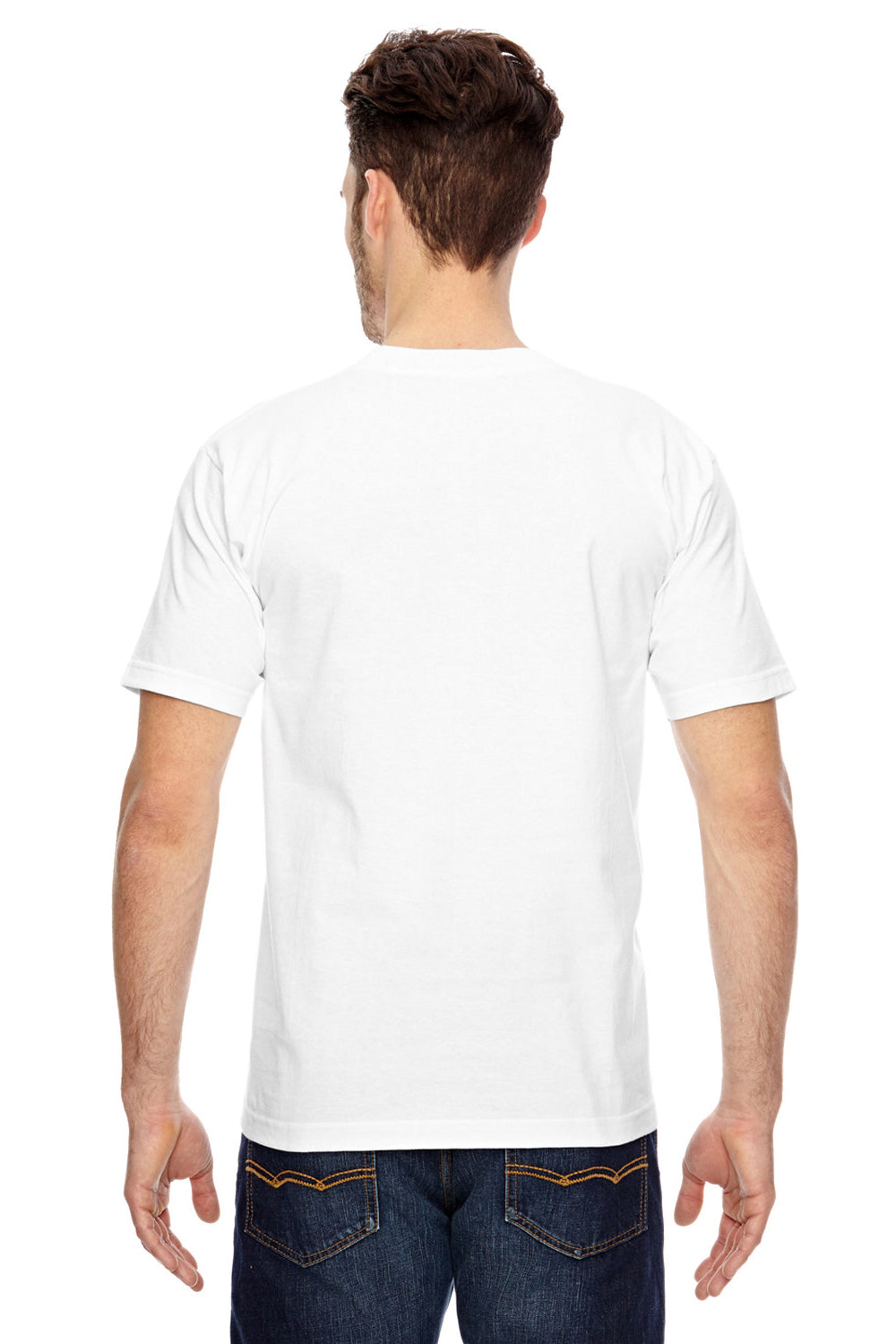 Bayside BA7100 Mens USA Made Short Sleeve Crewneck T-Shirt w/ Pocket White Model Back