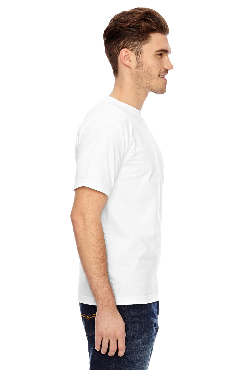 Bayside BA7100 Mens USA Made Short Sleeve Crewneck T-Shirt w/ Pocket White Model Side