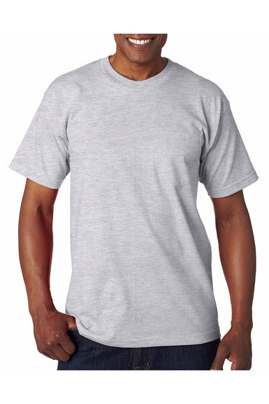 Bayside BA7100 Mens USA Made Short Sleeve Crewneck T-Shirt w/ Pocket Ash Grey Model Front