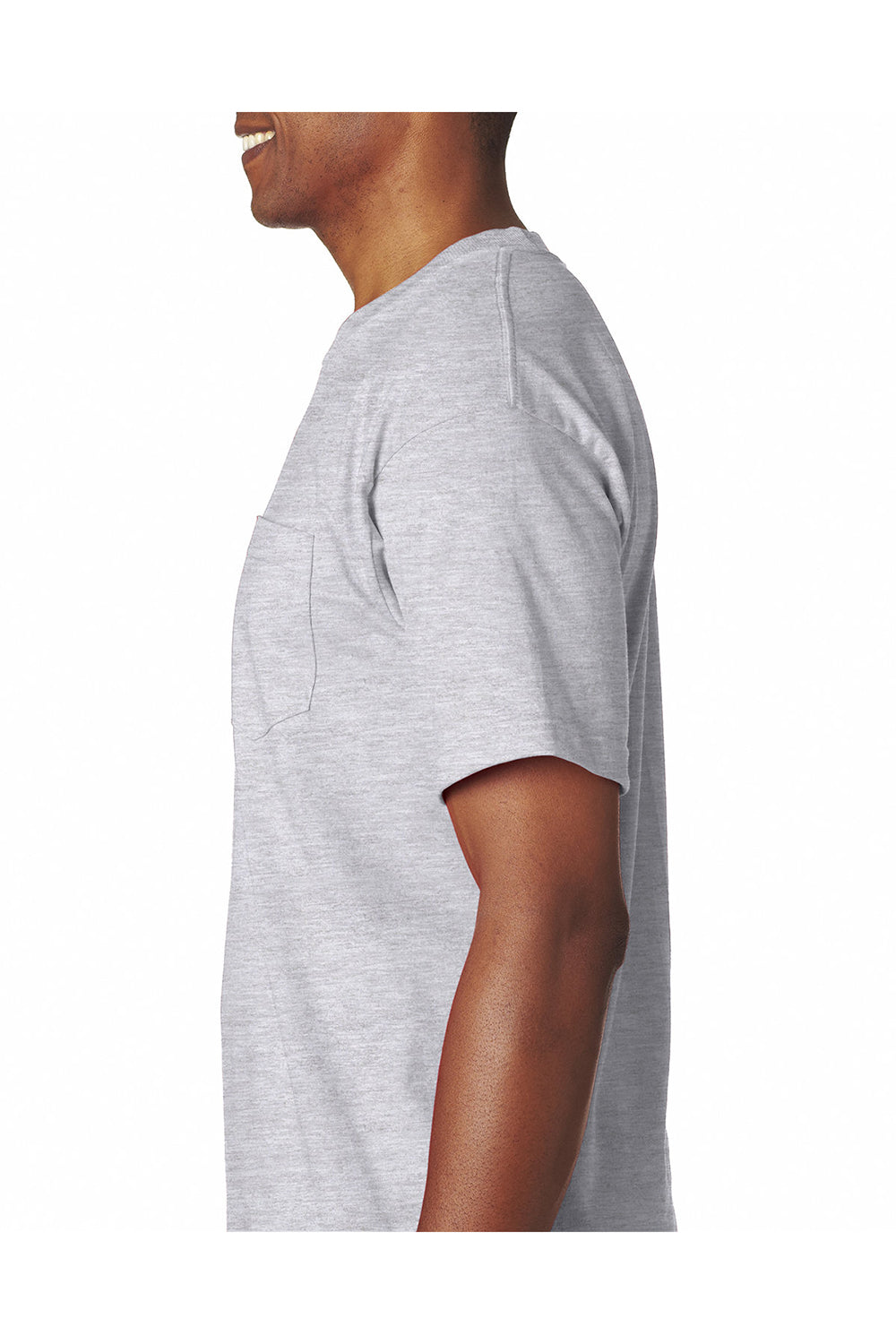 Bayside BA7100 Mens USA Made Short Sleeve Crewneck T-Shirt w/ Pocket Ash Grey Model Side