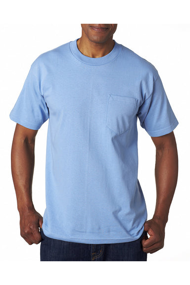 Bayside BA7100 Mens USA Made Short Sleeve Crewneck T-Shirt w/ Pocket Carolina Blue Model Front
