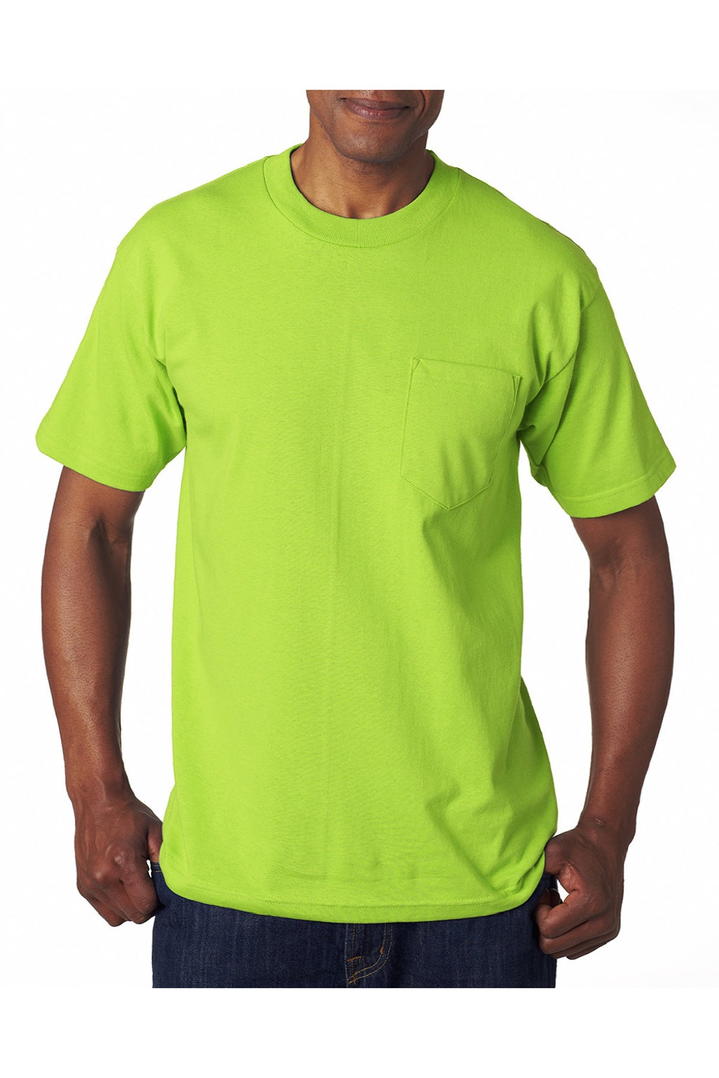 Bayside 7100 Mens USA Made Short Sleeve Crewneck T-Shirt w/ Pocket Lime Green Model Front