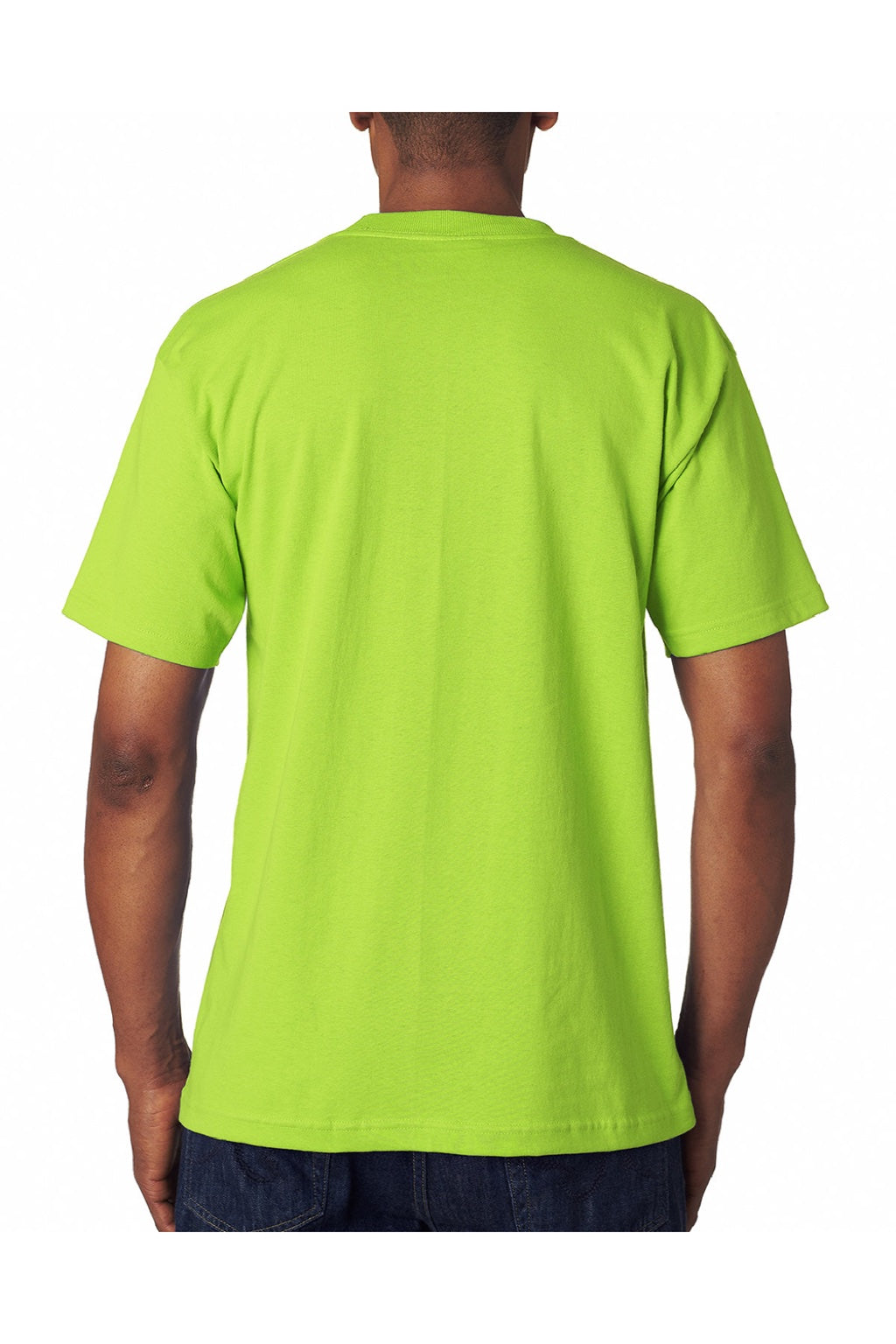 Bayside 7100 Mens USA Made Short Sleeve Crewneck T-Shirt w/ Pocket Lime Green Model Back