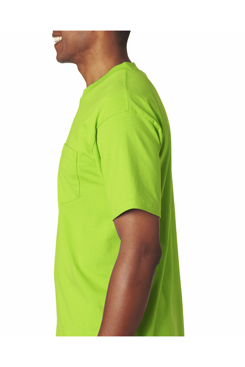 Bayside BA7100 Mens USA Made Short Sleeve Crewneck T-Shirt w/ Pocket Lime Green Model Side
