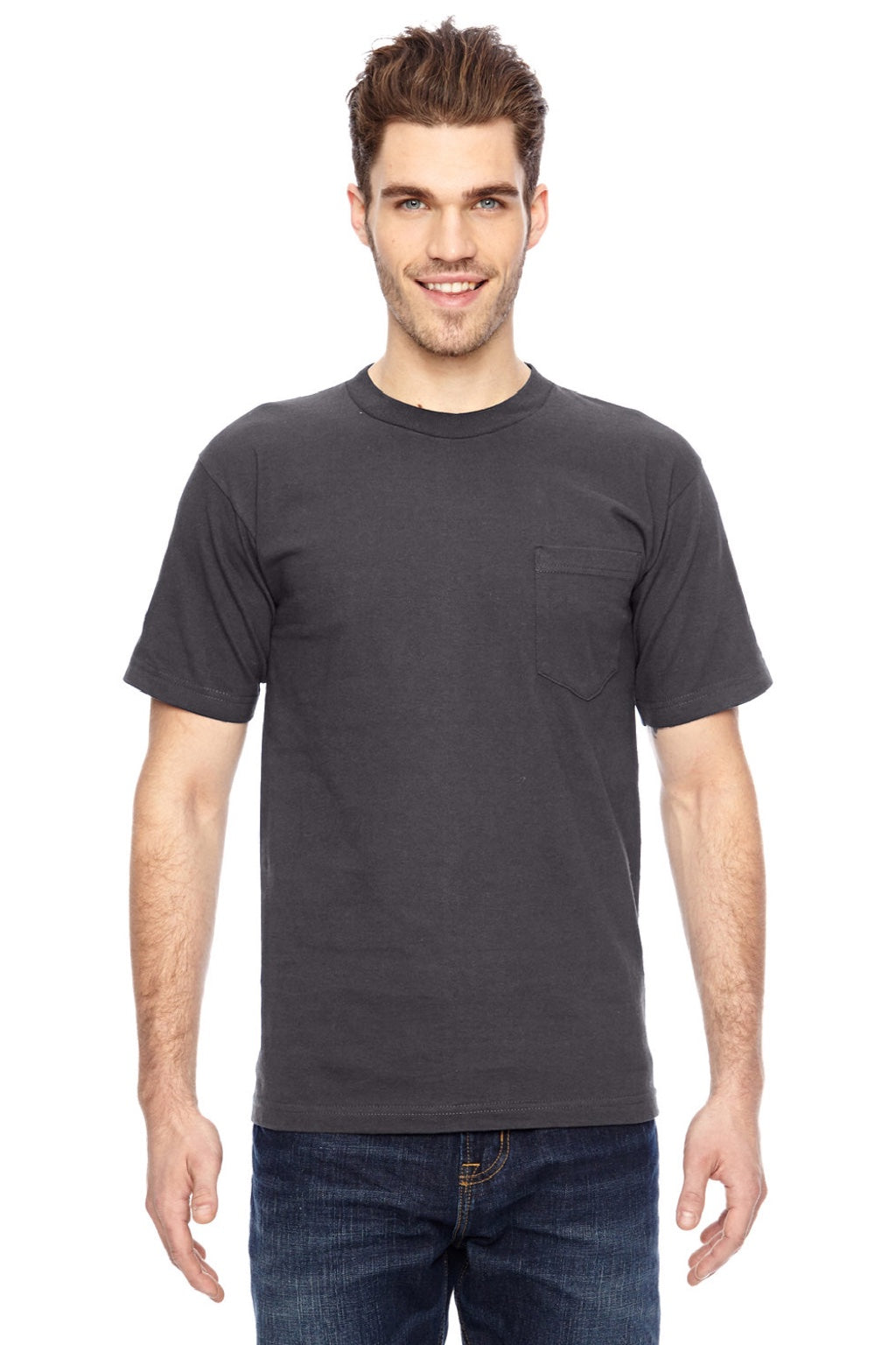 Bayside 7100 Mens USA Made Short Sleeve Crewneck T-Shirt w/ Pocket Charcoal Grey Model Front