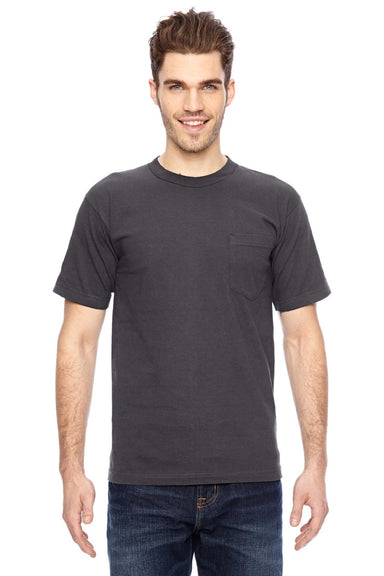 Bayside 7100 Mens USA Made Short Sleeve Crewneck T-Shirt w/ Pocket Charcoal Grey Model Front