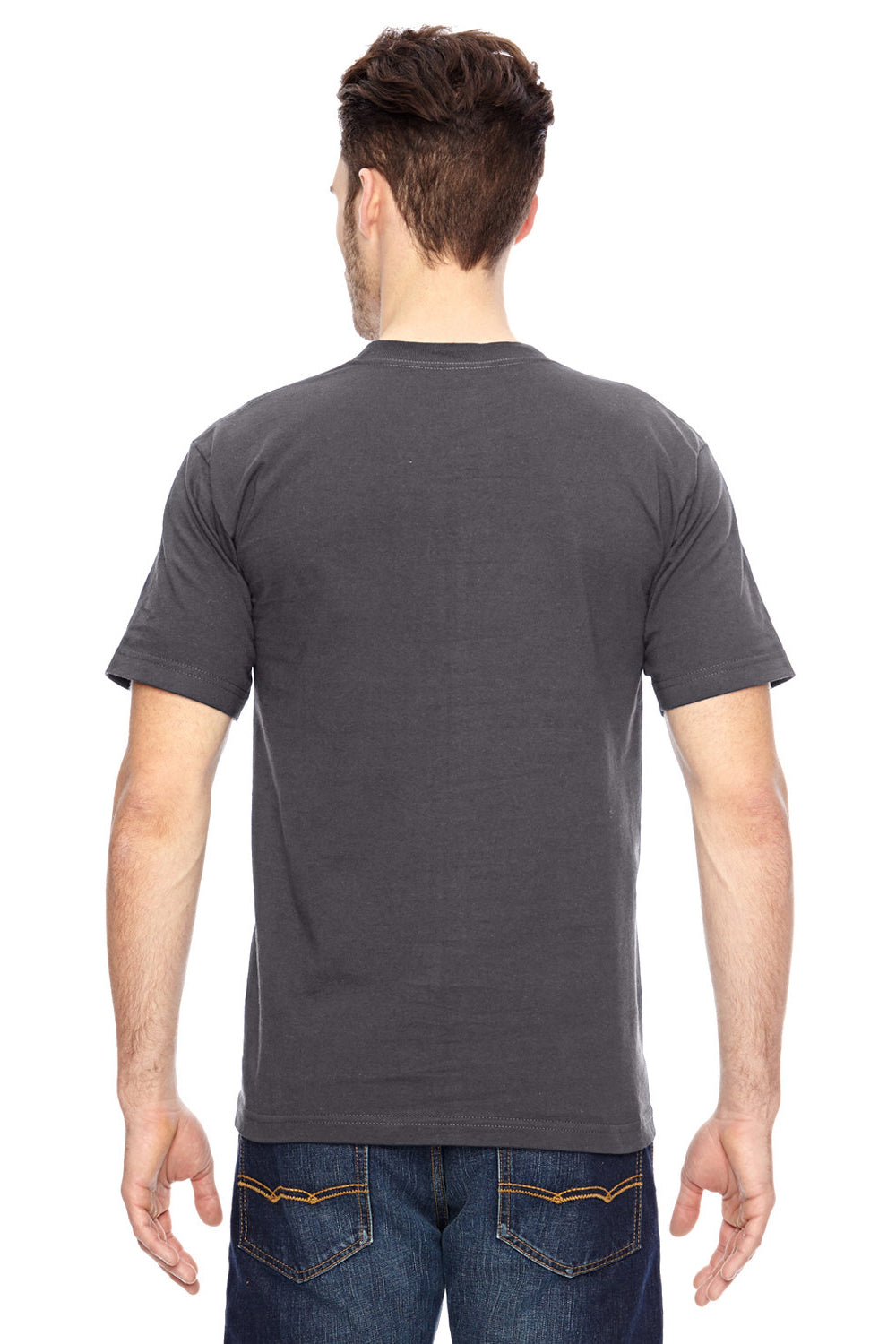 Bayside BA7100 Mens USA Made Short Sleeve Crewneck T-Shirt w/ Pocket Charcoal Grey Model Back
