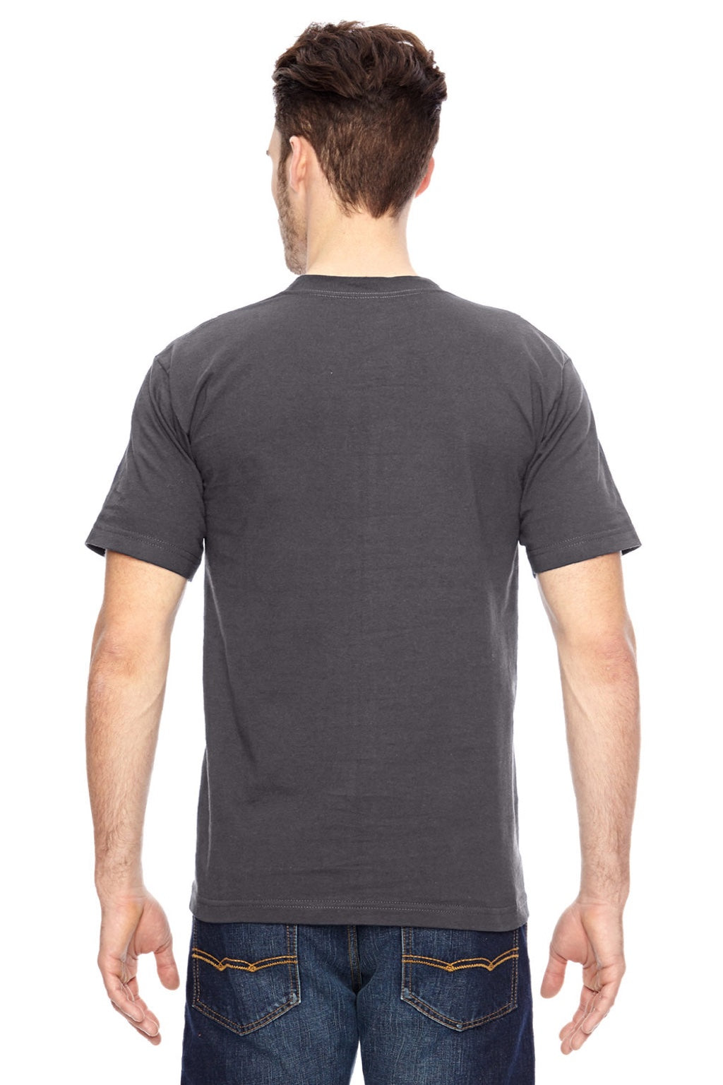 Bayside 7100 Mens USA Made Short Sleeve Crewneck T-Shirt w/ Pocket Charcoal Grey Model Back